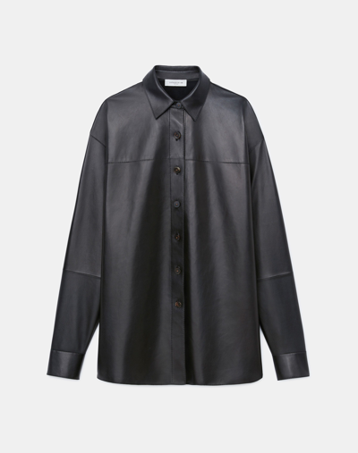 Shop Lafayette 148 Plus-size Nappa Lambskin Leather Shirt Jacket In Black