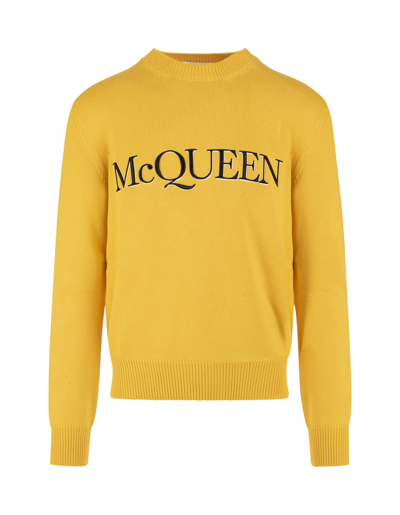 Shop Alexander Mcqueen Man Pop Yellow Crew Neck Sweater With Mcqueen Embroidery In Pop Yellow/black