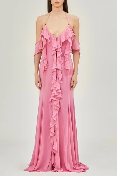 Shop Blumarine Halter Neck Ruffled Gown