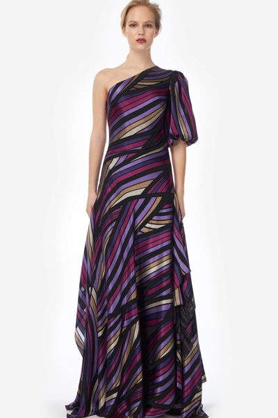Shop Costarellos Reese Printed Satin Asymmetric Gown