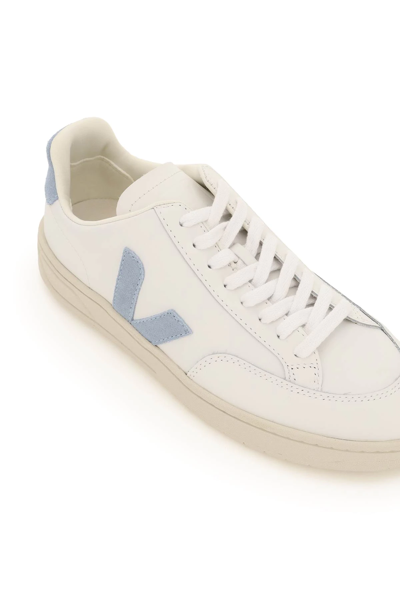 Shop Veja V-12 Leather Sneakers In White,light Blue