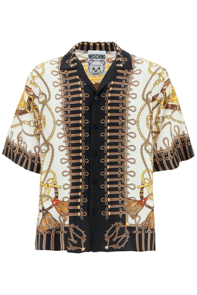 Shop Moschino Military Teddy Scarf Short Sleeve Silk Shirt In Beige,brown,gold