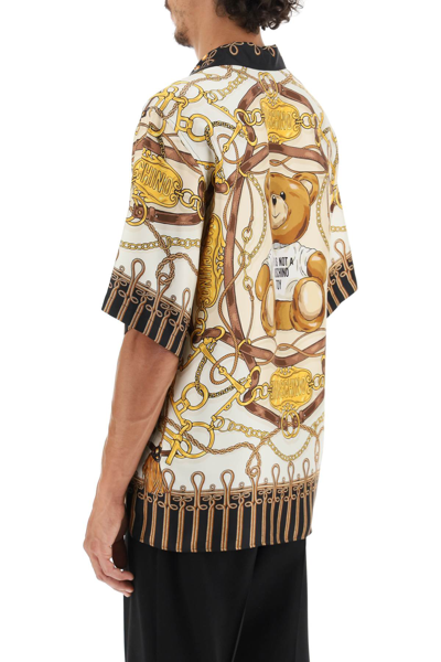 Shop Moschino Military Teddy Scarf Short Sleeve Silk Shirt In Beige,brown,gold