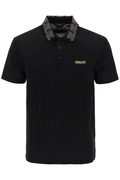 Shop Versace Taylor Fit Polo Shirt With Greca Collar In Black