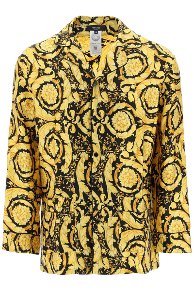 Shop Versace Barocco Print Silk Pajama Shirt In Black,gold