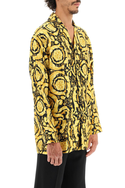Shop Versace Barocco Print Silk Pajama Shirt In Black,gold