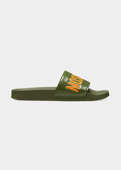 Shop Moschino Men's Logo Slides In Army Green