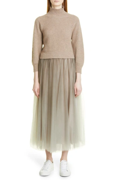 Shop Fabiana Filippi Pleated Tulle Midi Skirt In Grey
