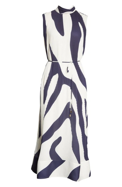Shop Milly Melina Pleated Zebra Midi Dress In Navy/ Ecru
