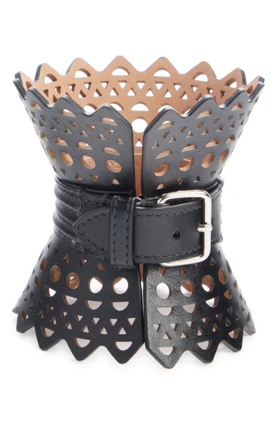 Shop Alaïa Leather Corset Cuff Bracelet In Noir
