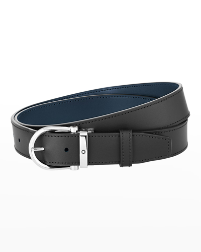 Shop Montblanc Men's Horseshoe Reversible Leather Belt In Blue & Black