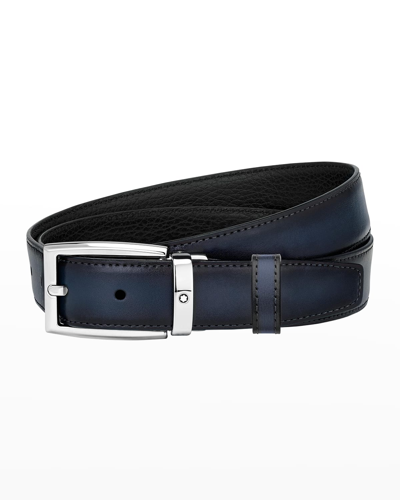 Shop Montblanc Men's Reversible Leather Buckle Belt In Black & Blue