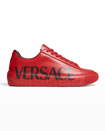 Shop Versace Men's Logo Leather Low-top Sneakers In Scarlet Black