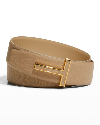 Shop Tom Ford Men's Grained Leather T-buckle Belt In Champagne