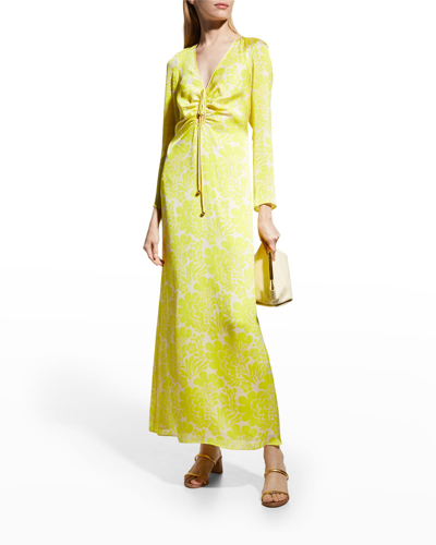 Shop Alexis Elmina V-neck Floral Satin Crepe Maxi Dress In Lemon Begonia