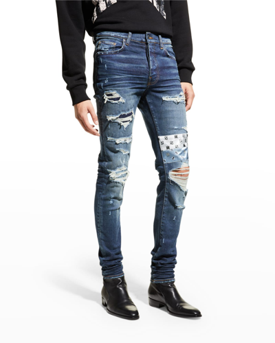 Shop Amiri Men's Paisley-patch Destroyed Skinny Jeans In Deep Class