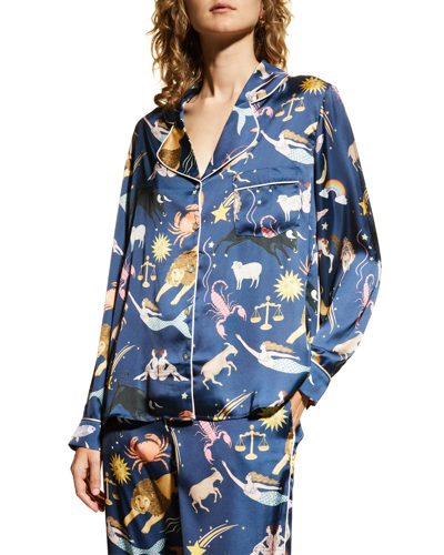 Shop Karen Mabon Zodiac Satin Long-sleeve Set In Zodiac Navy