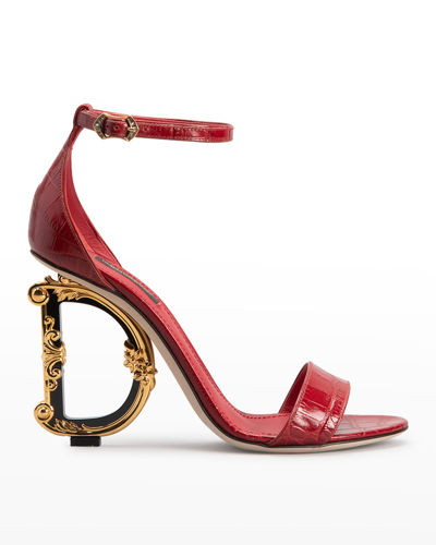 Shop Dolce & Gabbana Barocco-heel Croco Ankle-strap Sandals In Cherry
