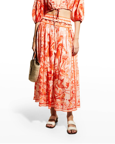 Shop Zimmermann Lyre Printed Belted Linen Midi Skirt In Red Palm
