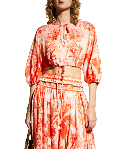 Shop Zimmermann Lyre Printed Drawstring Cropped Blouse In Red Palm