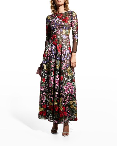 Shop Dress The Population Ava Floral-embroidered Bracelet-sleeve Gown In Rouge Multi