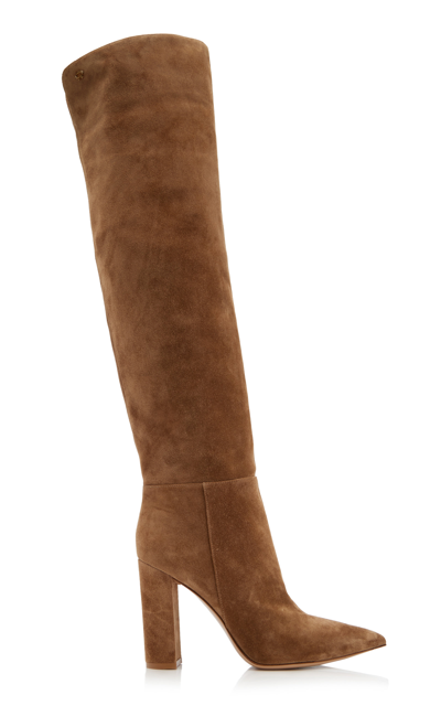 Shop Gianvito Rossi Piper Suede Knee Boots In Neutral