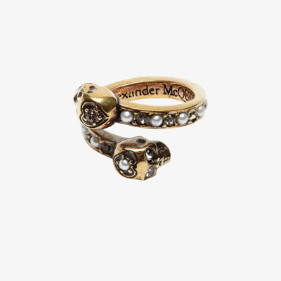 Shop Alexander Mcqueen Gold-plated Crystal And Pearl Embellished Skull Ring