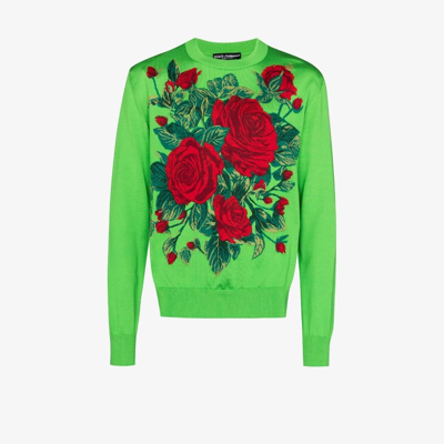Shop Dolce & Gabbana Green Floral Jacquard Silk Jumper