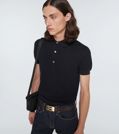 Shop Tom Ford Silk And Cotton Piqué Polo Shirt In Md Blu Sld