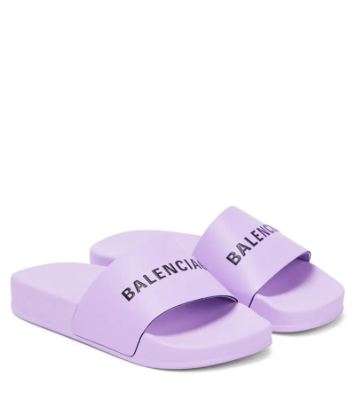 Shop Balenciaga Logo Rubber Slides In Lilac/black