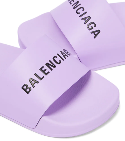 Shop Balenciaga Logo Rubber Slides In Lilac/black