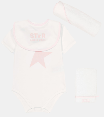 Shop Golden Goose Baby Onesie, Bib And Towel Set In White/pink