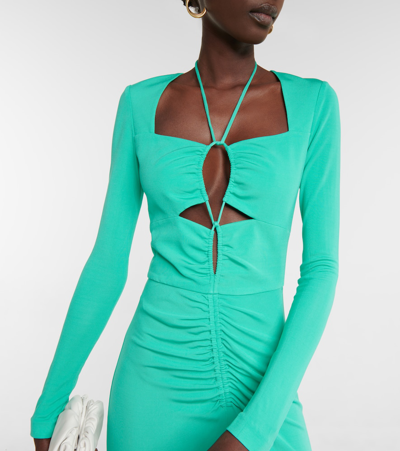 Shop Rebecca Vallance Riccardo Cutout Ruched Jersey Gown In Turquoise