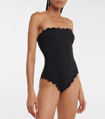 Marysia Chesapeake Reversible Strapless Scalloped Stretch-crepe Swimsuit In Black Indigo