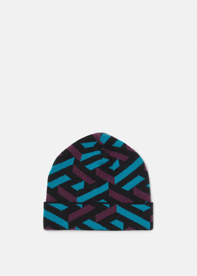 Shop Versace La Greca Ribbed Beanie, Female, Fuchsia+turquoise, One Size