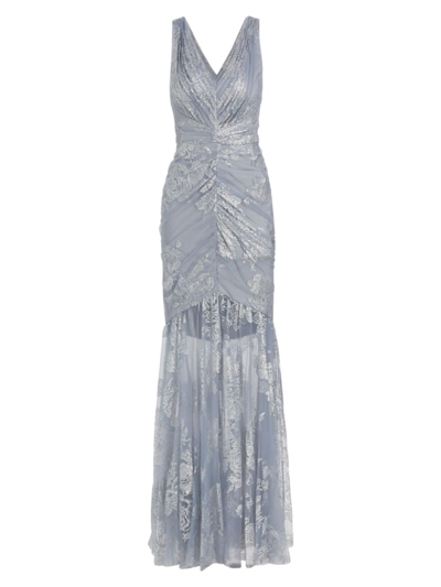 Shop Marchesa Notte Women's Embroidered Tulle Hem Gown In Silver