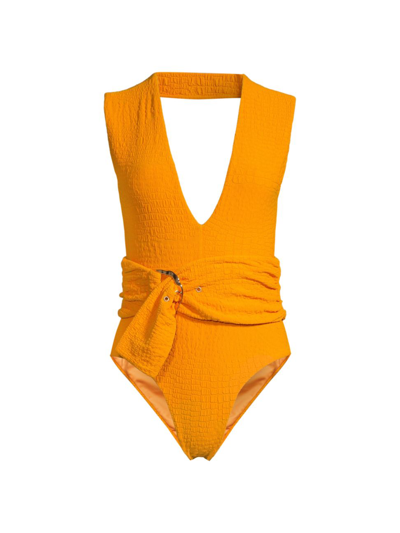 Revel Rey Dean Belted Croc effect One piece Swimsuit In Cara Cara