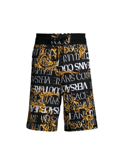 Shop Versace Jeans Couture Men's Logo Print Cotton Shorts In Black Gold