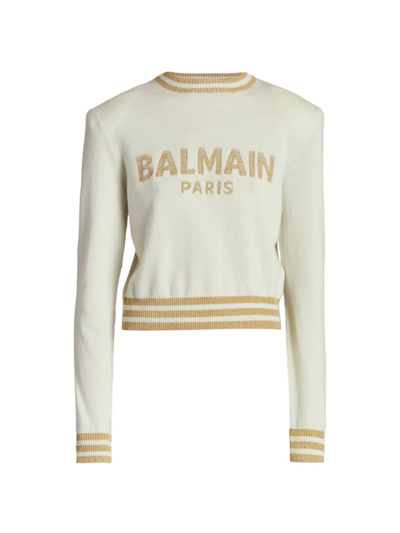Shop Balmain Women's Knit Crewneck Logo Sweater In Yellow Gold