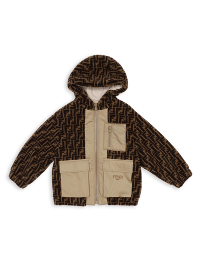Shop Fendi Kid's Ff Logo Sherpa Hooded Jacket In Black Brown