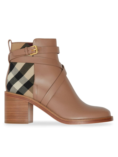 Shop Burberry Women's Pryle House Check & Leather Ankle Boots In Wheat