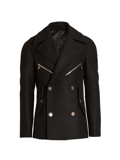 Shop Balmain Men's Wool Double-breasted Peacoat In Noir