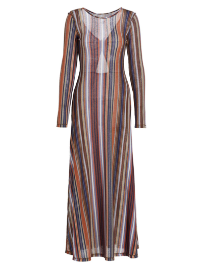 Shop Something Navy Women's Striped Reversible Maxi Dress In Brown Combo