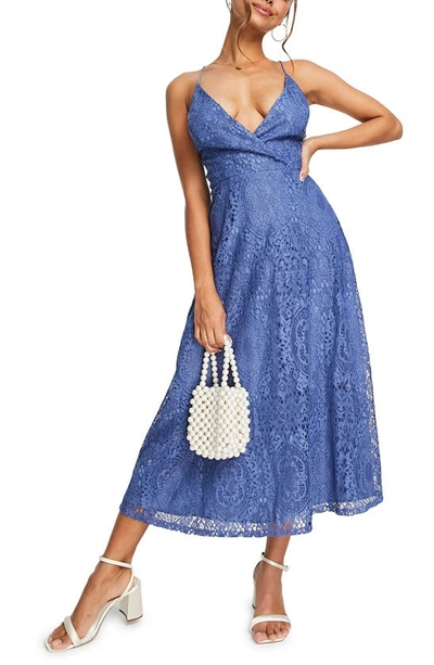 Shop Asos Design Lace Overlay Midi Dress In Medium Blue