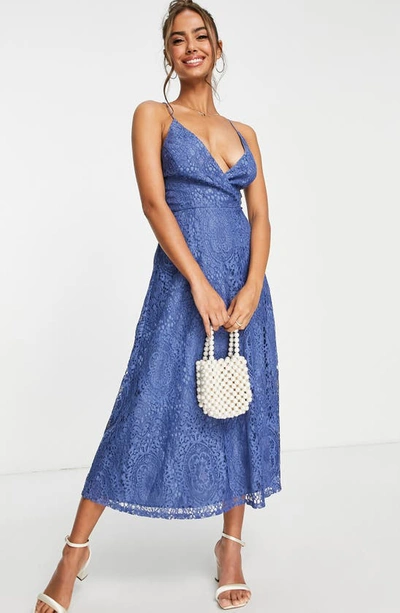 Shop Asos Design Lace Overlay Midi Dress In Medium Blue