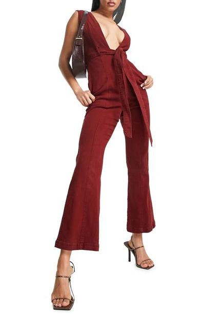 Shop Asos Design Plunge Cotton Stretch Twill Jumpsuit In Red