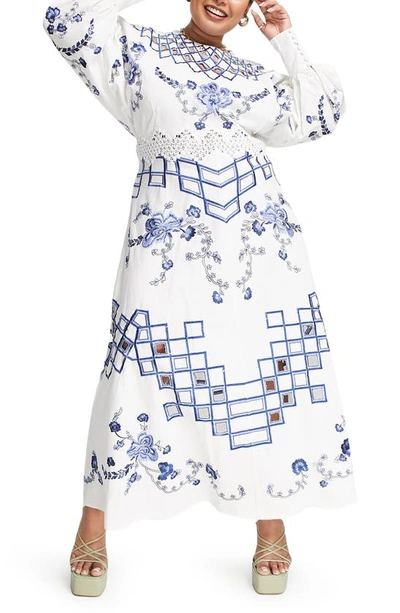 Shop Asos Design Curve Floral Long Sleeve Midi Dress In White Multi
