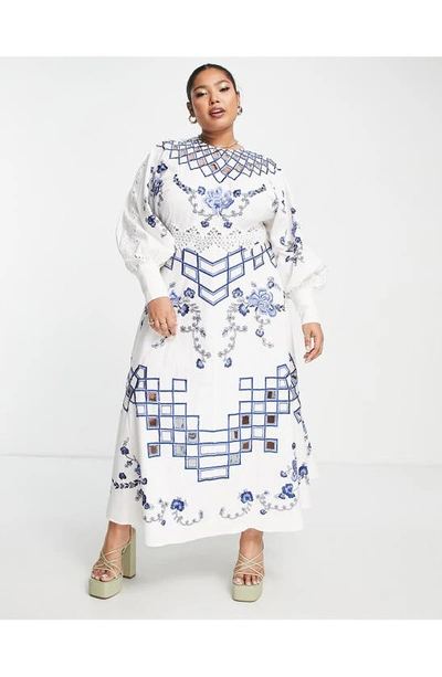 Shop Asos Design Curve Floral Long Sleeve Midi Dress In White Multi