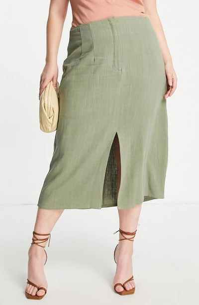 Shop Asos Design Curve Midi Skirt In Khaki