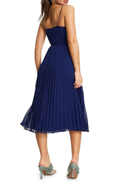 Shop Asos Design Pleated Skirt Chiffon Midi Dress In Navy